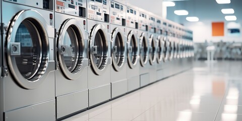 Line of industrial washing machines in a clean, well-lit laundromat. - obrazy, fototapety, plakaty