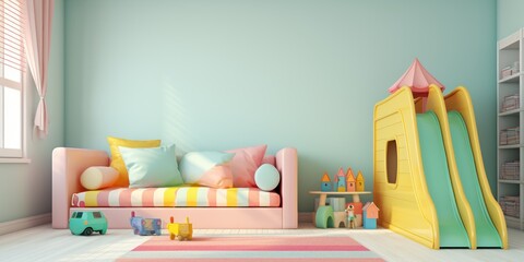 Colorful children's playroom with a plastic slide and scattered toys.