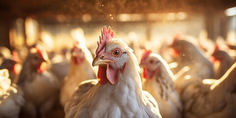 Chicken with speckled feathers clucks among peers in a sunlit barn. - obrazy, fototapety, plakaty