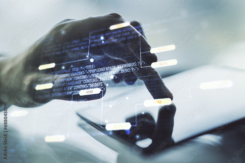 Fototapete Double exposure of abstract creative programming illustration and finger clicks on a digital tablet on background, big data and blockchain concept