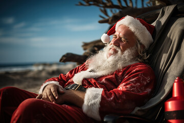 Close-up portrait of happy excited Santa Claus enjoying time on summer beach. Santa sleeping on...