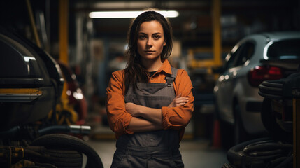Confident beautiful woman engineer standing and working at work place garage, AI Generated