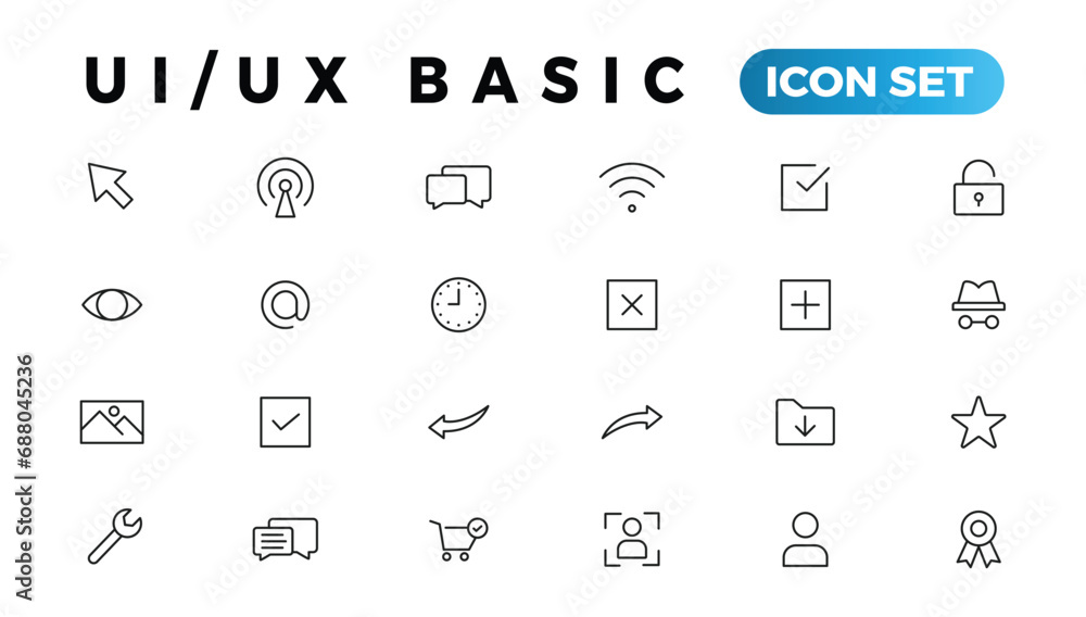 Aufkleber basic user interface essential set. ui/ux line outline icons. for app, web, print. editable stroke.
