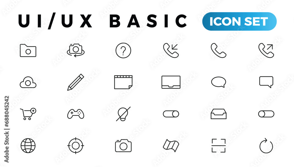 Aufkleber basic user interface essential set. ui/ux line outline icons. for app, web, print. editable stroke.