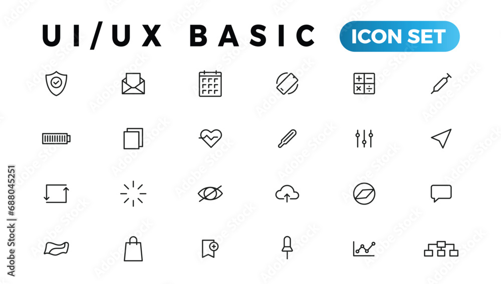 Poster basic user interface essential set. ui/ux line outline icons. for app, web, print. editable stroke.
