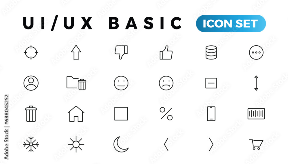 Poster basic user interface essential set. ui/ux line outline icons. for app, web, print. editable stroke.