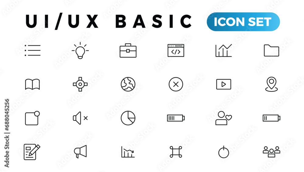 Aufkleber basic user interface essential set. ui/ux line outline icons. for app, web, print. editable stroke.