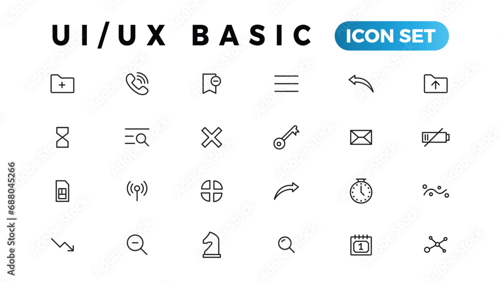 Poster basic user interface essential set. ui/ux line outline icons. for app, web, print. editable stroke.