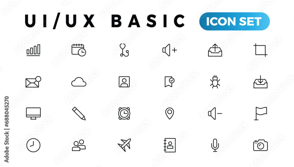 Poster basic user interface essential set. ui/ux line outline icons. for app, web, print. editable stroke.