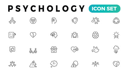 Psychology, Positive thinking line icons collection. Psychology, charity, family, happy, peace icons. UI icon set. Thin outline icons pack
