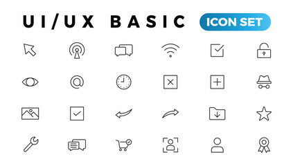 Basic User Interface Essential Set. ui/ux Line Outline Icons. For App, Web, Print. Editable Stroke.