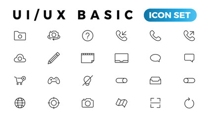 Basic User Interface Essential Set. ui/ux Line Outline Icons. For App, Web, Print. Editable Stroke.