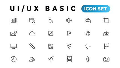 Basic User Interface Essential Set. ui/ux Line Outline Icons. For App, Web, Print. Editable Stroke.