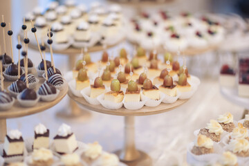 Closeup view photography of many small souffle cakes served on plate on table for cocktail party or on shelves of store. Christmas, birthday or wedding holiday dinner. catering food. tasty dessert.