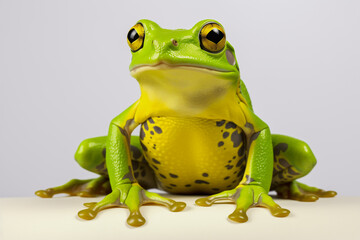 Obraz premium A green tree frog on a white background, isolated and showcasing its cute, small features in a close-up shot amid nature