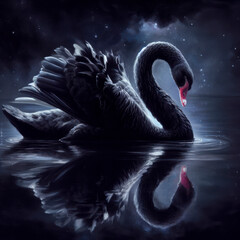 black Swan with its reflection and a black background. ai generative