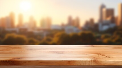 Elegant Honey Maple Wooden Table, Ideal for Product Placement Mockup with a Soft Morning Light and Blurry Urban Background - Perfect for Modern Interiors and Creative Display Mockups
