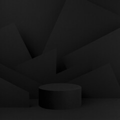 Abstract stage mockup with one black round podium with angles, lines, corners pattern for...