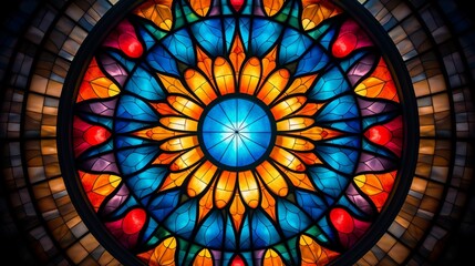 a colorful stained glass window, its vibrant panels capturing the sunlight and casting a kaleidoscope of hues across the room