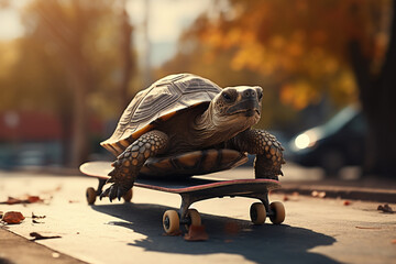 Huge turtle on a skateboard. Speed increase, reptile courier delivery, transportation, efficient fast movement, time saving concept - obrazy, fototapety, plakaty