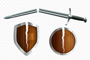 Broken sword and shields with cracks. Template isolated on a transparent background. Vector illustration