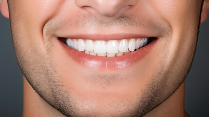 Obraz premium sweet smile of handsome man close up with chin, nose and mouth with very clean and perfect teeth looking for dental services advertisement on white background