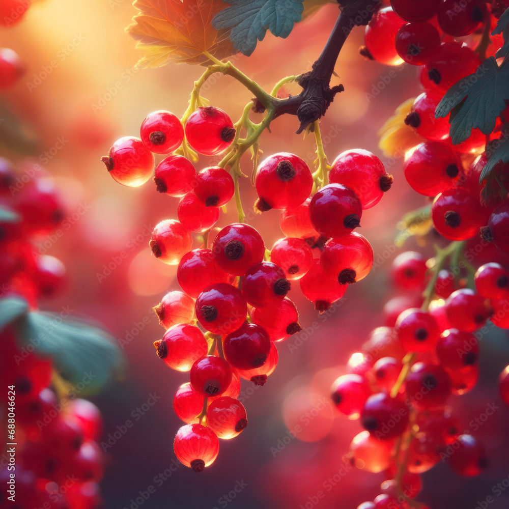 Poster macro close up of red currants growing on a tree. ai generative