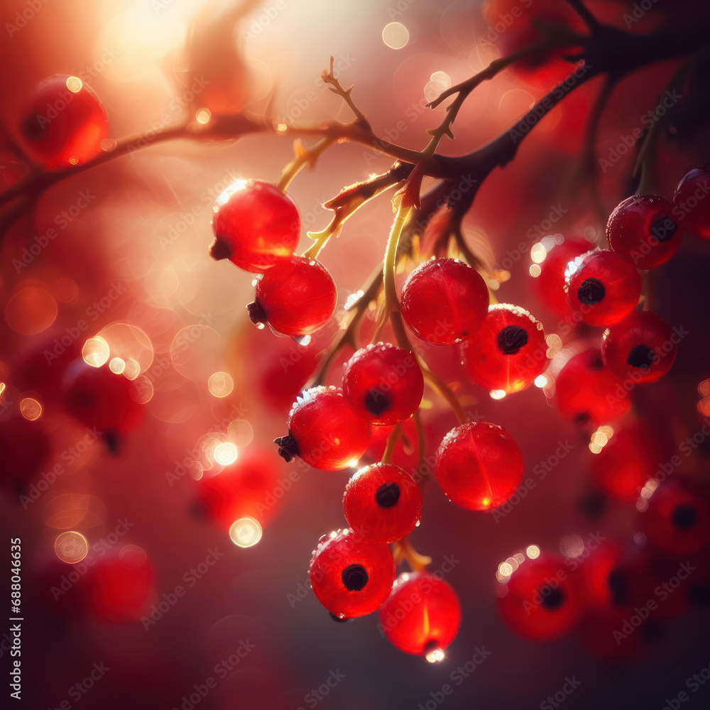 Poster macro close up of red currants growing on a tree. ai generative