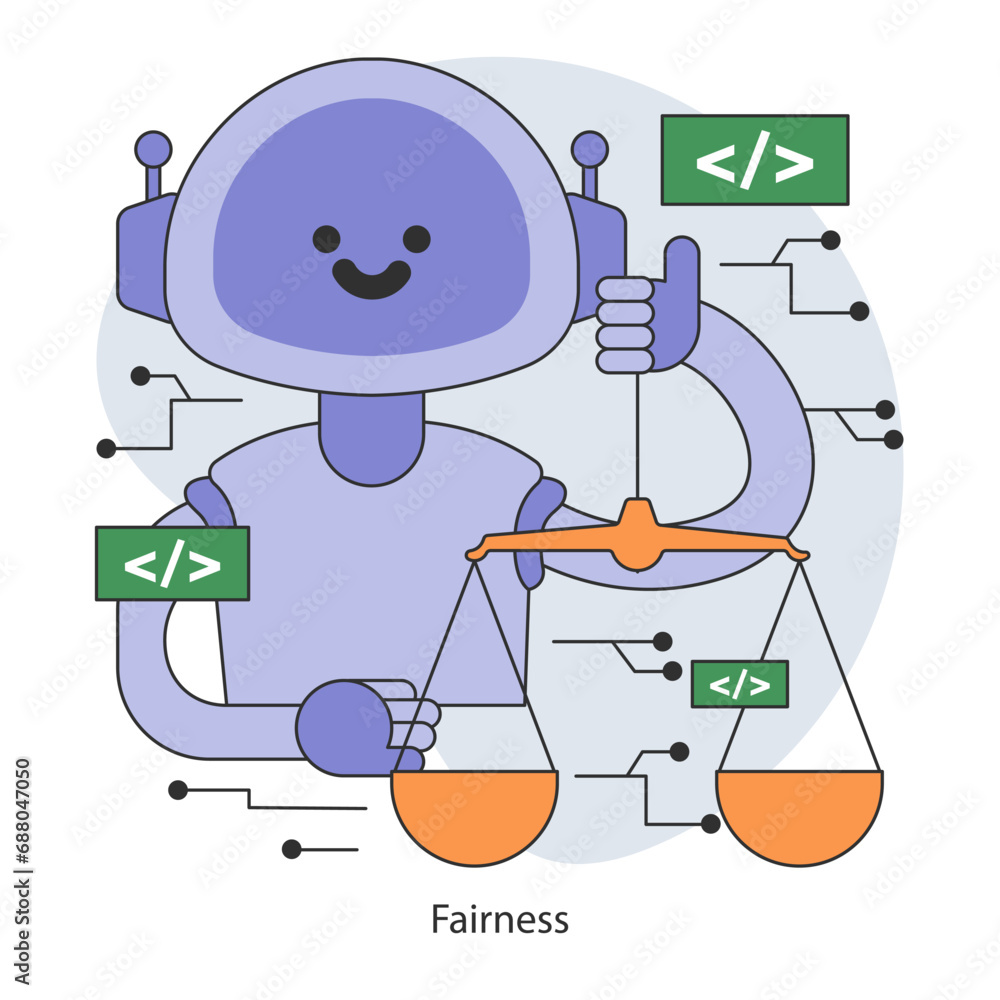 Poster ai ethics concept. robot balanced scales, unbiased algorithmic fairness. justice and equality. artif