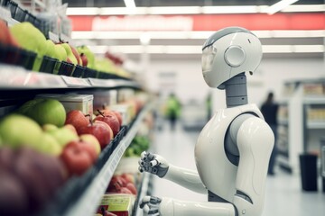 Robot cashier working at a grocery store. products at supermarket on background. future machine learning jobs concept - obrazy, fototapety, plakaty
