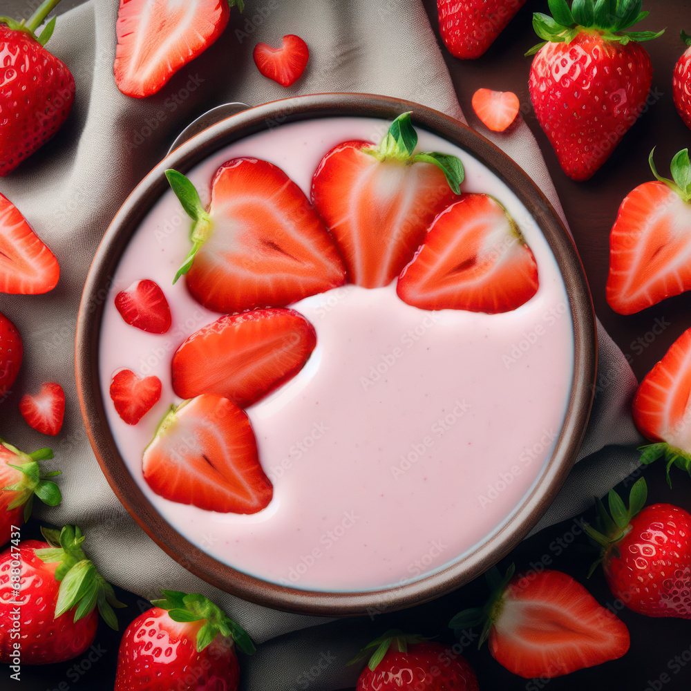 Poster top view macro strawberry yogurt with strawberries around the border close up, space for text in mid