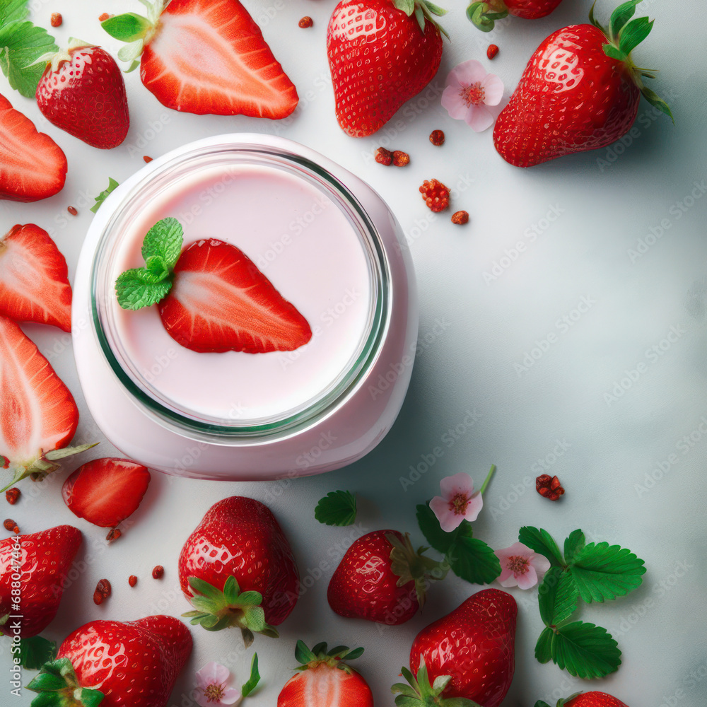 Poster top view macro strawberry yogurt with strawberries around the border close up, space for text in mid
