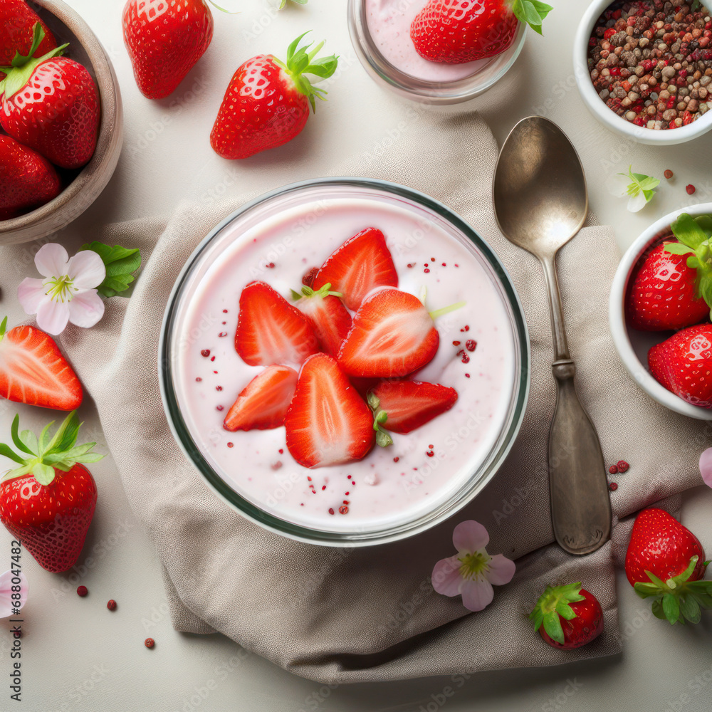 Poster top view macro strawberry yogurt with strawberries around the border close up, space for text in mid