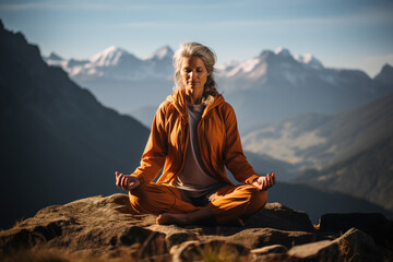 Senior old grey haired woman practicing breathing yoga pranayama in high mountains. Unity connection with yourself, meditating for inner peace zen and balance, stable mental health concept