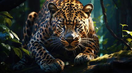 large beautiful leopard jaguar squatted on a tree looking down at the middle of forest with golden lights while facing forward created with Generative AI technology