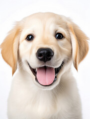 close up of happy puppy golden retriever smiling while sticking out tongue on white background created with Generative AI technology