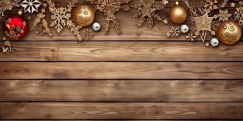 Rustic christmas elegance. Vintage frame with festive decor. Holiday nostalgia. Old wooden table adorned with xmas ornaments