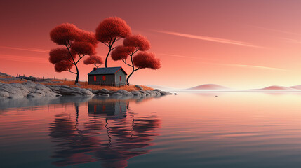 3d rendered photo of water and house scenery design made with generative AI