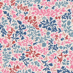 Random placed, different botanical elements seamless repeat pattern on beige background. Multicolored, vector flowers, leaves, herbs, branches and more all over surface print.