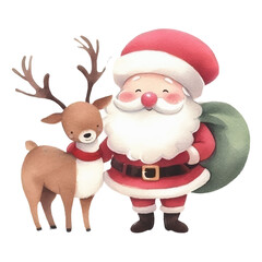 サンタクロースとトナカイの水彩イラスト素材