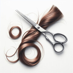 Hairdresser's scissors with strand of brunette hair on solid white background. ai generative