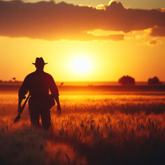silhouette man hunter with gun while walking on field, sun set. ai generative