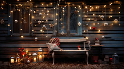 nostalgic vintage old log wooden cabin style with Christmas ornaments balls and lights on a snowy Christmas night created with Generative AI technology - obrazy, fototapety, plakaty