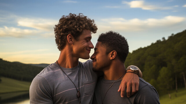"Love's Embrace: An Intimate Close-Up of Two Men Kissing, Celebrating Natural Love and Affection