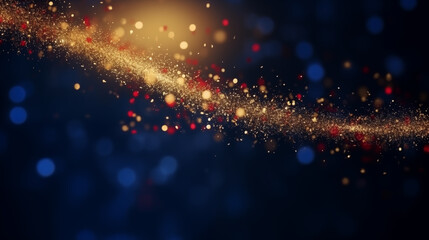 Abstract background with Dark blue, red & gold particles. Christmas Golden Light shining particles both on a navy blue background. Gold foil texture. Holiday concept. 