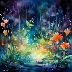 a symphony featuring chromatic watercolor strokes, abstract fireflies in an oasis setting