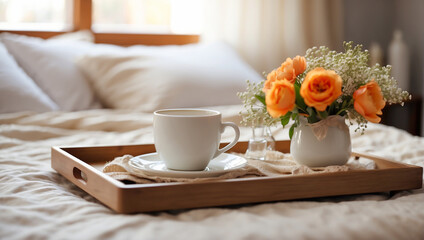 Fototapeta premium Tray with a cup of coffee, vase with flowers on the bed in the room