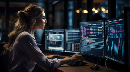Fototapeta na wymiar Businesswoman analyzing stocks and commodities on multi-monitor setup, AI Generated