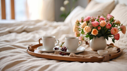 Tray with a cup of coffee, vase with flowers on the bed in the room
