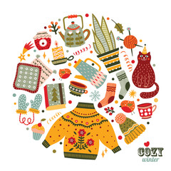 Winter card in cartoon design. Cup of hot drink, teapot,cat, gift, cookie, sock, cupcake.  Vector illustration. Winter season cozy symbols.